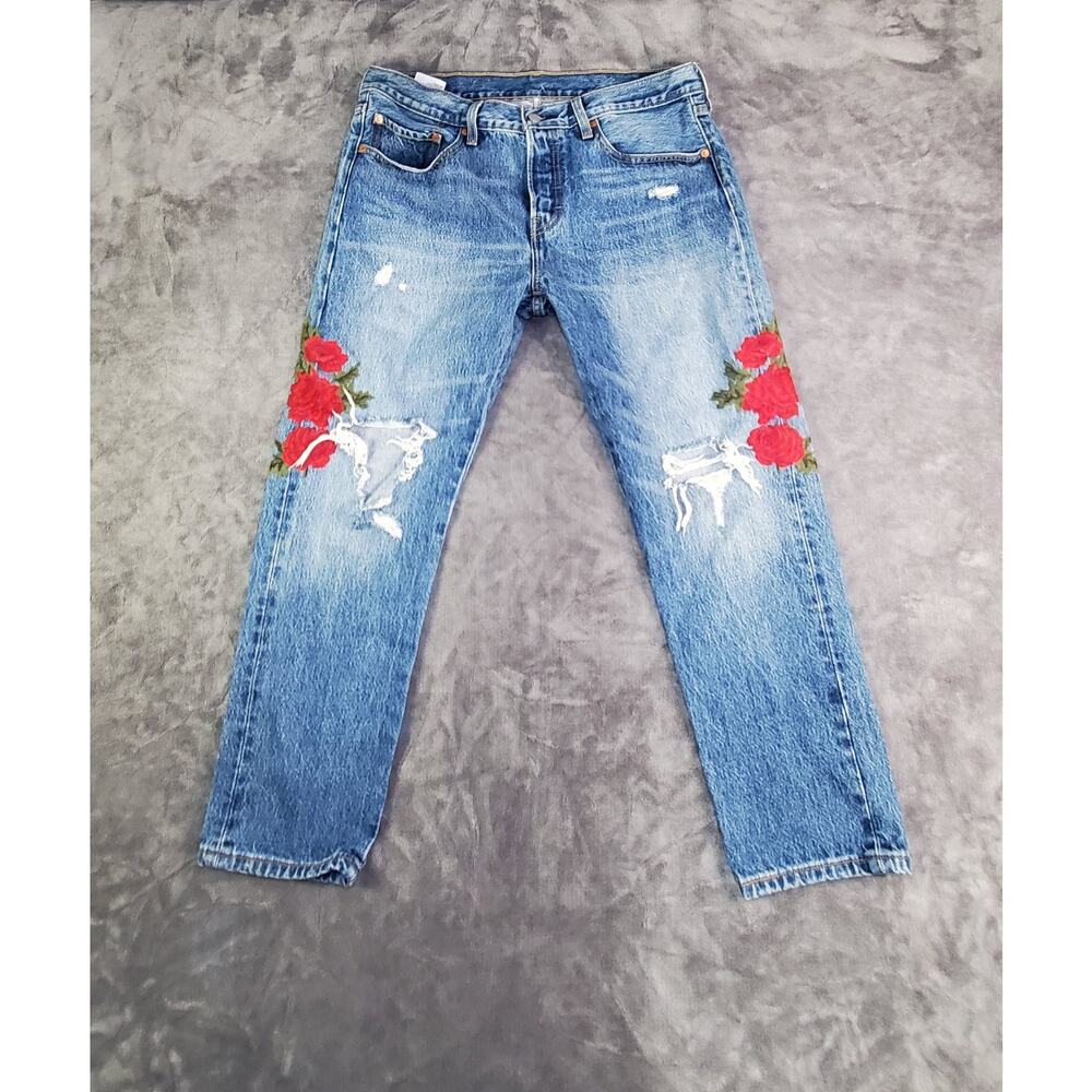 Levi's Blue Straight Leg Jeans with Red Floral Embroidery